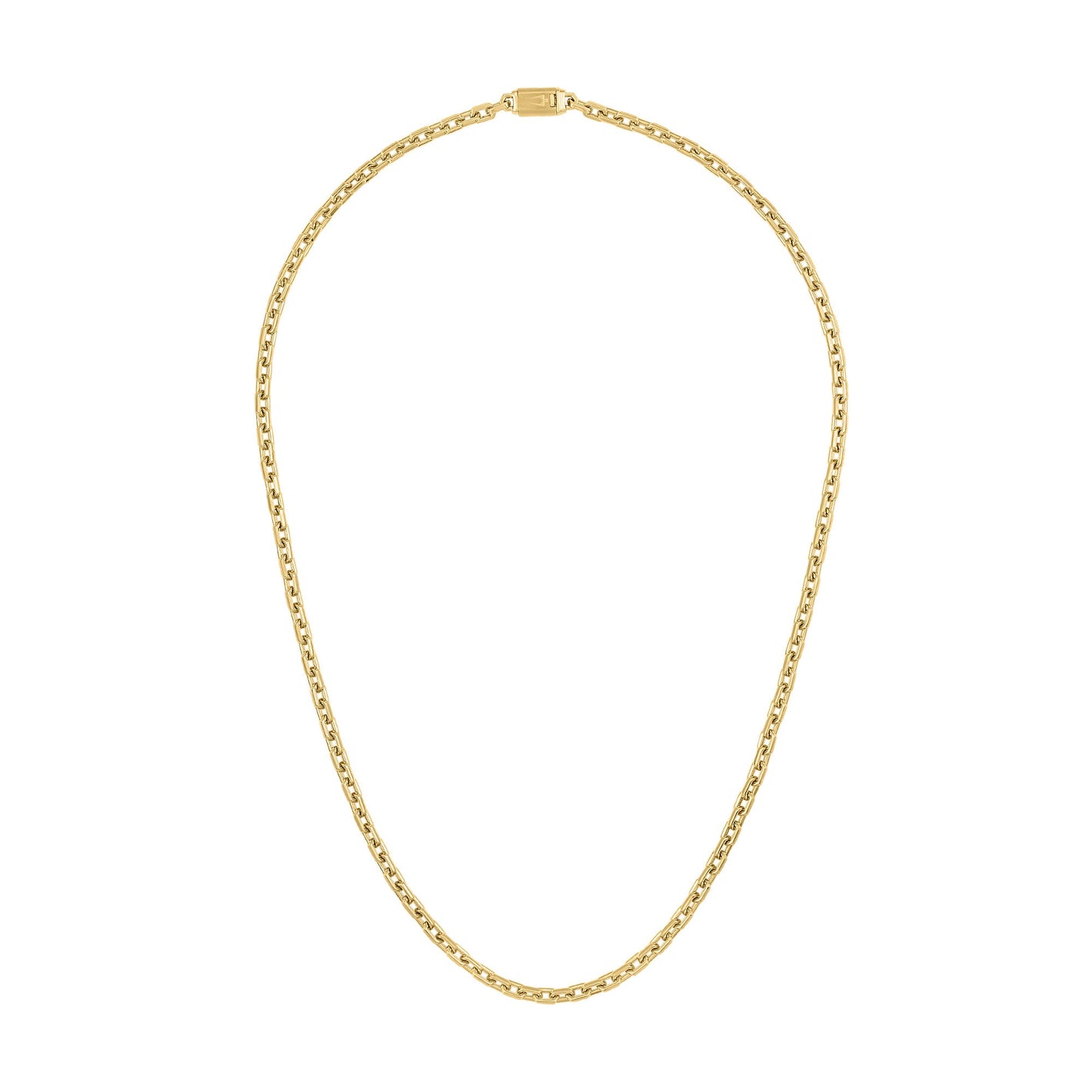 Bulova BVC1077-GSTNA24 24" gold-tone hexagon-link chain necklace, front view showing polished elongated hexagon links.