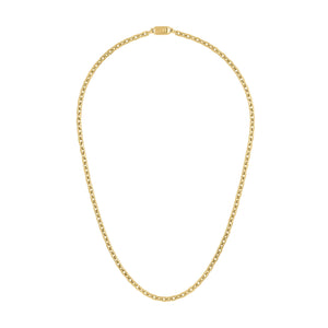 Bulova BVC1077-GSTNA24 24" gold-tone hexagon-link chain necklace, front view showing polished elongated hexagon links.