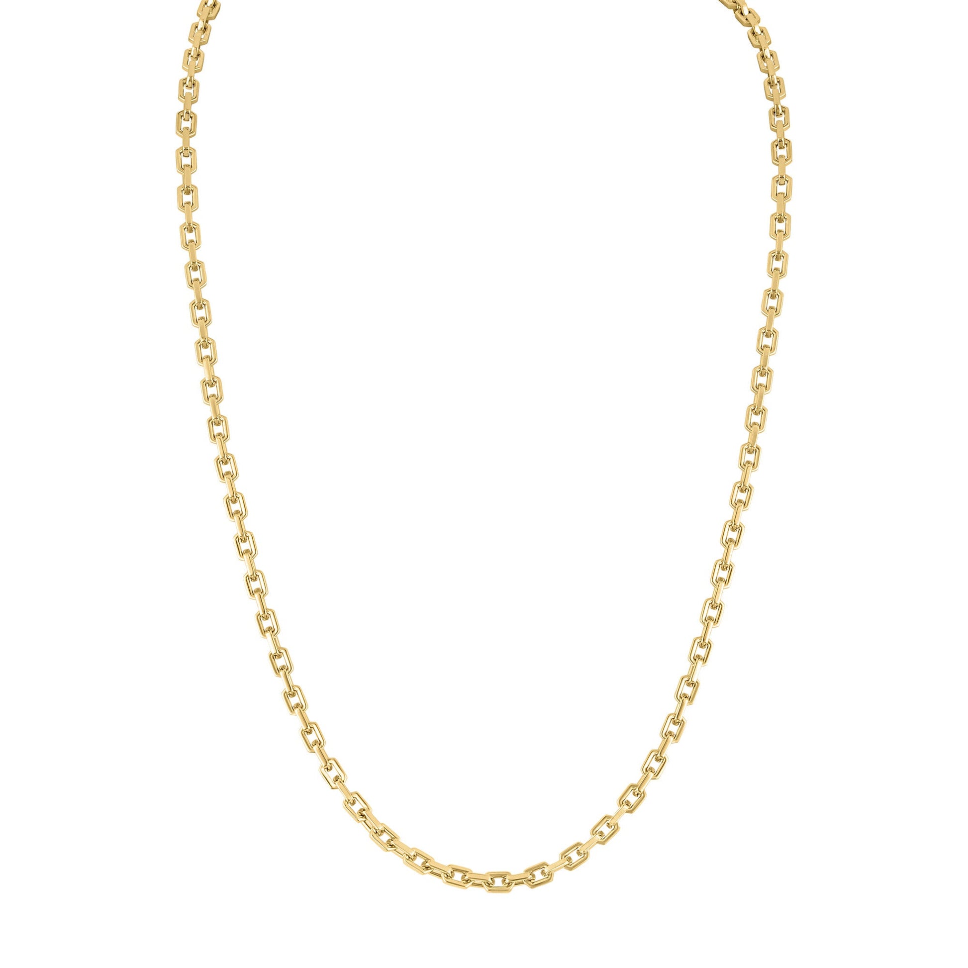 Bulova BVC1077-GSTNA24 24" gold-tone hexagon-link chain necklace, front view showing polished elongated hexagon links.