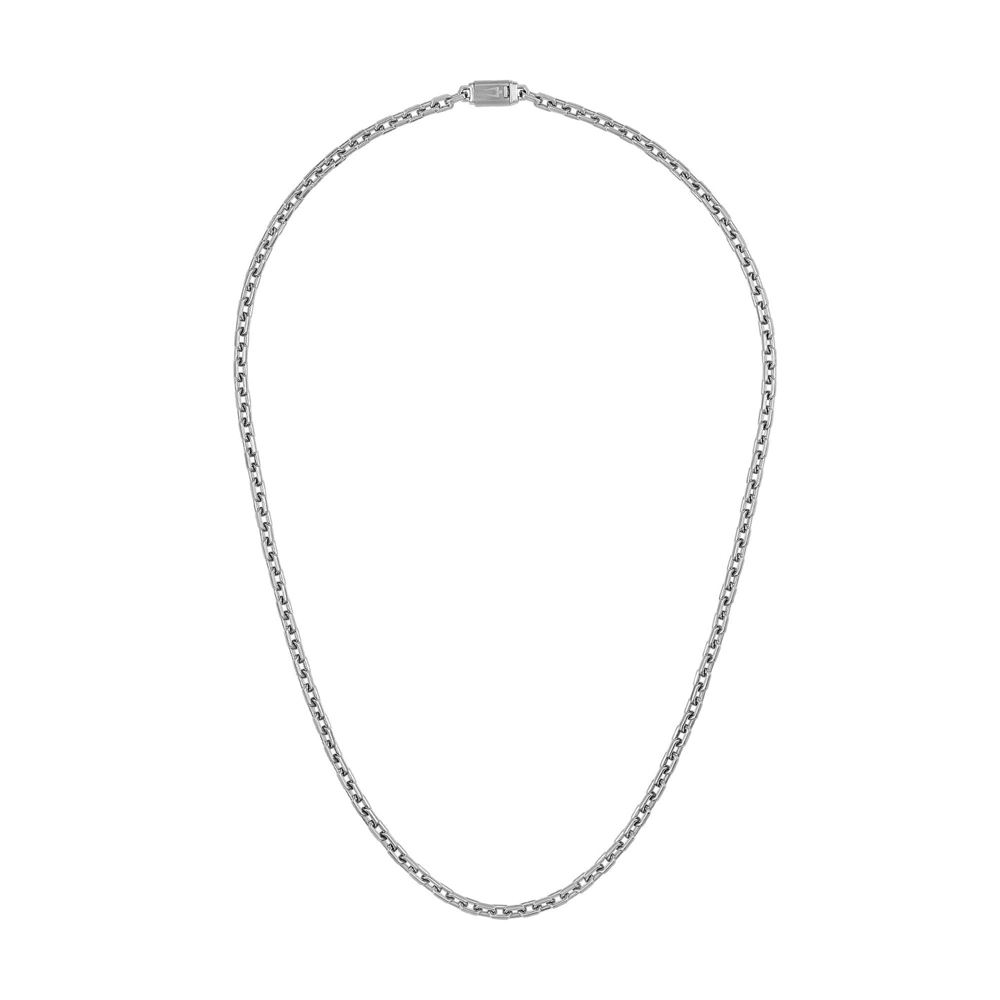 Bulova BVC1077-XSTNA24 stainless-steel hexagon-link necklace laid flat, showing polished 5 mm links and box clasp.