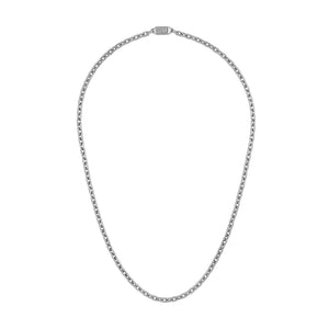 Bulova BVC1077-XSTNA24 stainless-steel hexagon-link necklace laid flat, showing polished 5 mm links and box clasp.