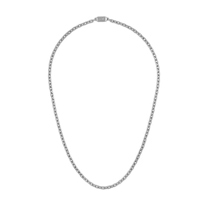 Bulova BVC1077-XSTNA24 stainless-steel hexagon-link necklace laid flat, showing polished 5 mm links and box clasp.