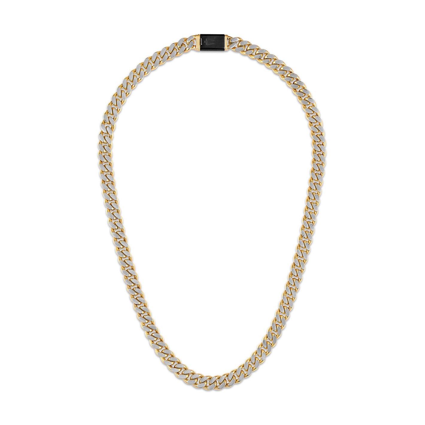 Bulova BVC1085‑GOSTNA two‑tone curb chain necklace, front view showing polished gold-tone and brushed steel links.