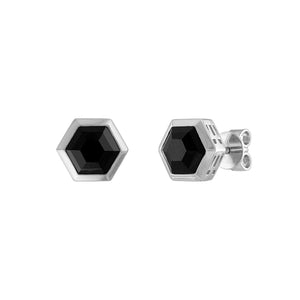 Bulova Icon Hexagon Earrings BVE1000-WSBSP, front view showcasing the rhodium-plated sterling silver hexagonal design with faceted black spinel centerpiece.