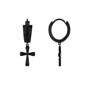 Side profile of Bulova Icon Earrings BVE1005-GMSAA, highlighting the huggie-style hoop and the elegant drop of the black diamond-encrusted cross.