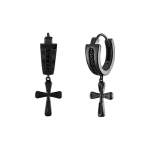 Bulova Icon Black Diamond Cross Dangle Hoop Earrings BVE1005-GMSAA, front view showcasing the black ruthenium-plated sterling silver hoops with dangling cross adorned with black diamonds.