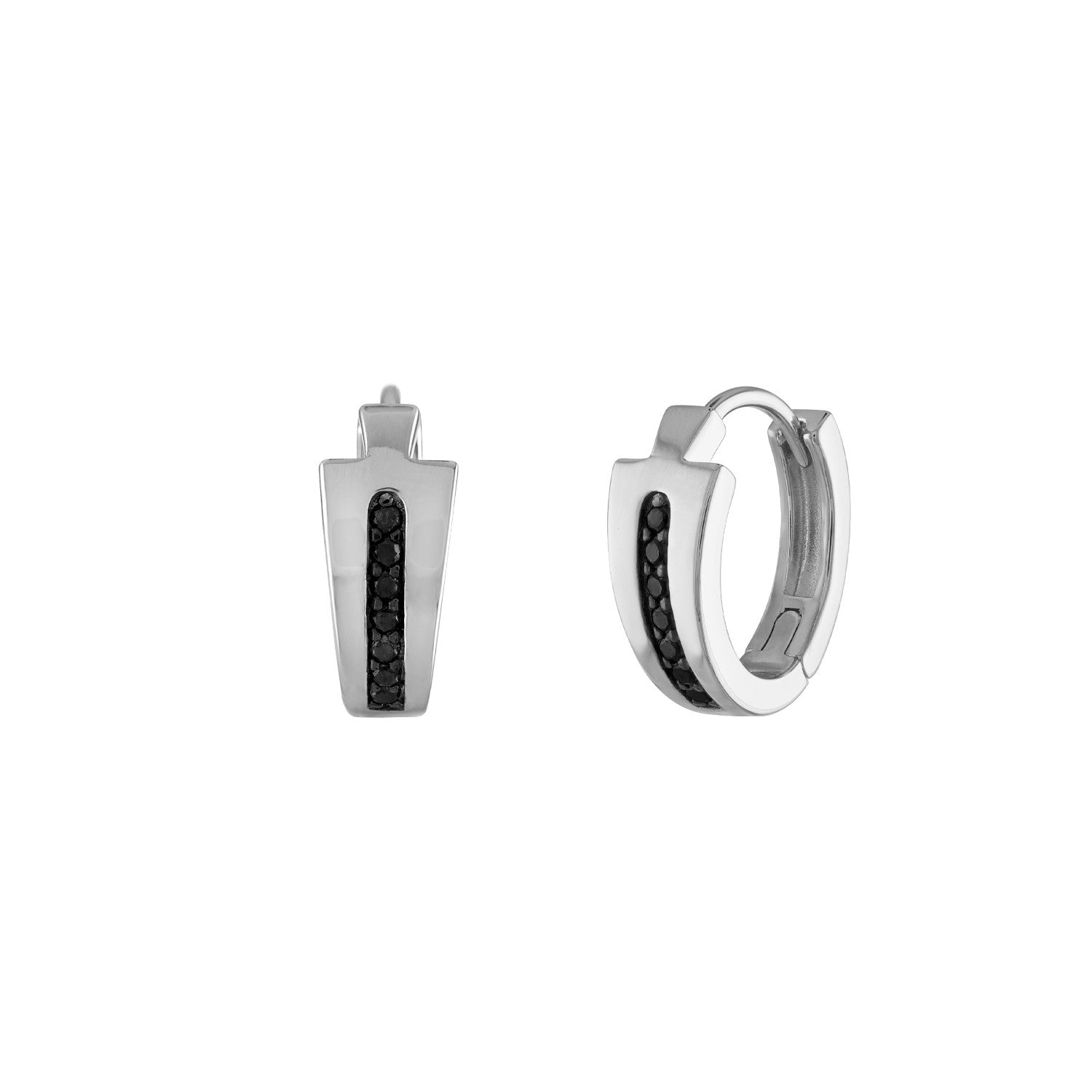 Bulova BVE1007-WSAA earrings showcasing the rhodium-plated sterling silver hoops adorned with a row of black diamonds—front view.