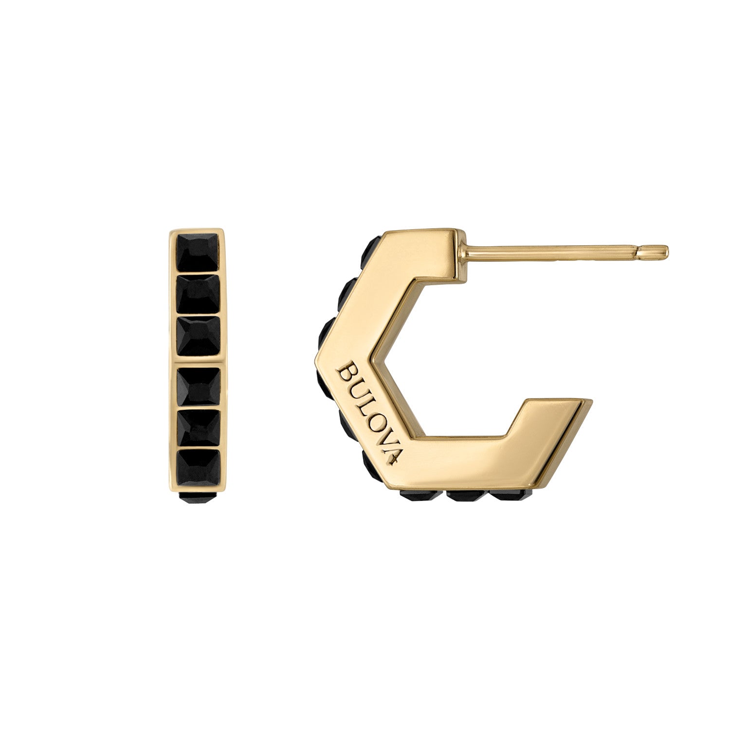 Side profile of Bulova BVE1015-GSTBSP earrings highlighting the geometric precision and polished finish.