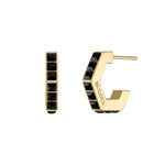Bulova BVE1015-GSTBSP earrings showcasing the gold-tone stainless steel open hexagon C-hoop design with black spinel inlay—front view.