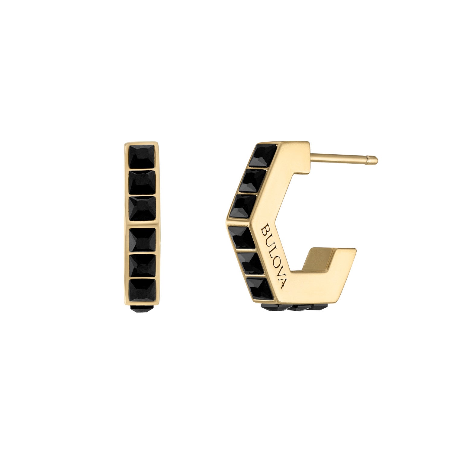 Bulova BVE1015-GSTBSP earrings showcasing the gold-tone stainless steel open hexagon C-hoop design with black spinel inlay—front view.