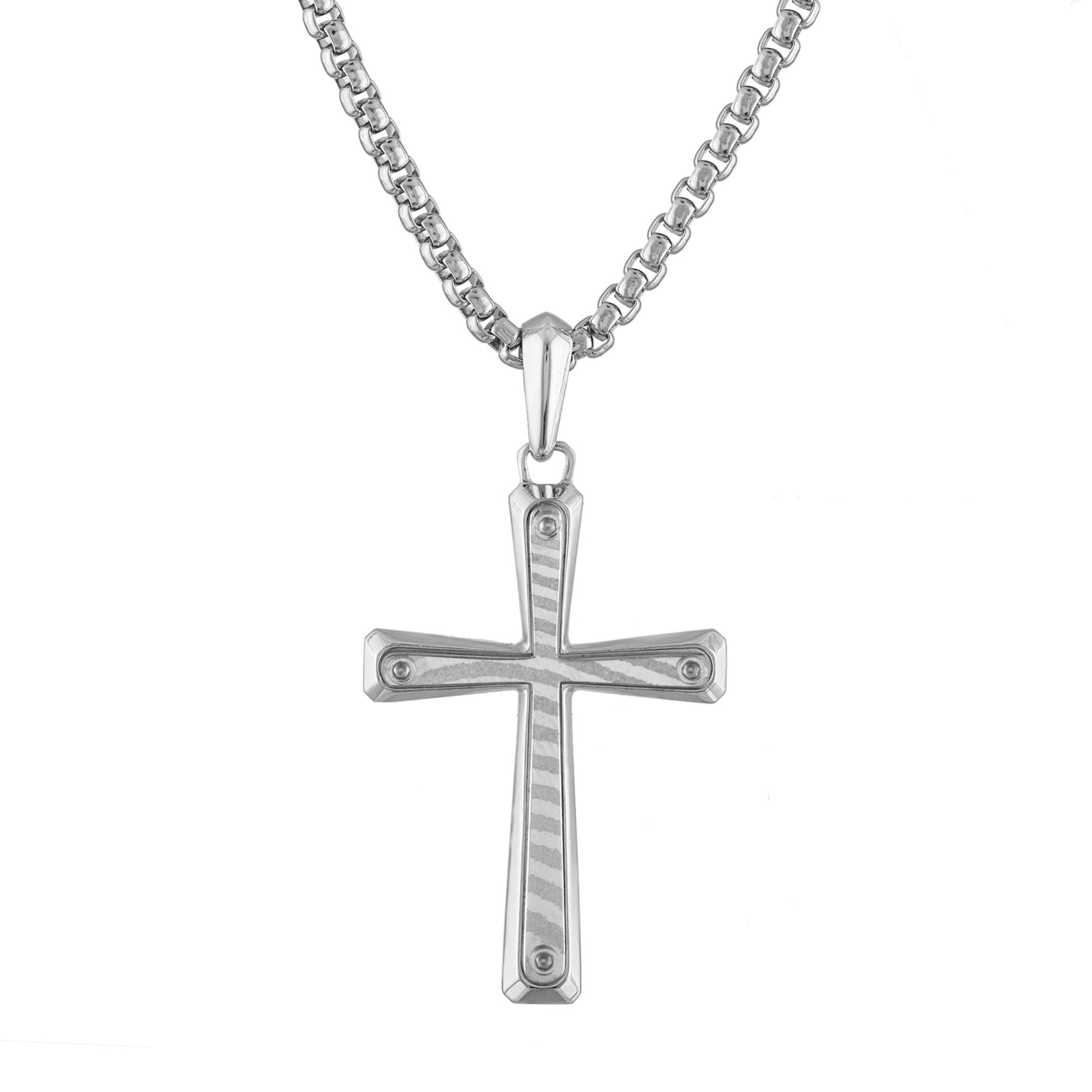 Bulova BVP1004-WMMNA cross necklace front view — sterling-silver pendant with Damascus-steel inlay and rounded-box chain.