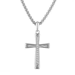 Bulova BVP1004-WMMNA cross necklace front view — sterling-silver pendant with Damascus-steel inlay and rounded-box chain.