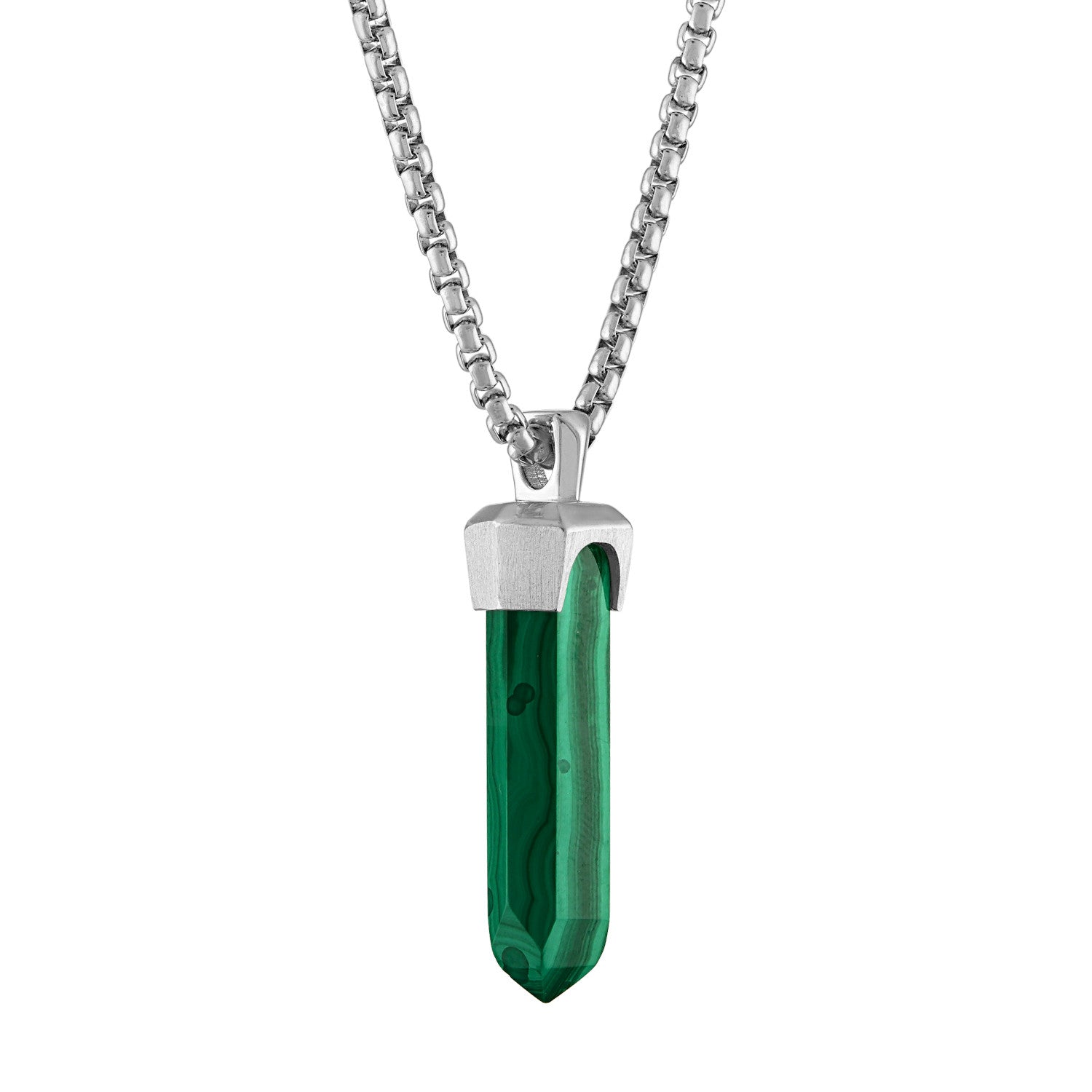 Bulova Men's Icon Green Malachite Obelisk Pendant BVP1020-WSMAL, showcasing the rhodium-plated sterling silver obelisk adorned with genuine green malachite.
