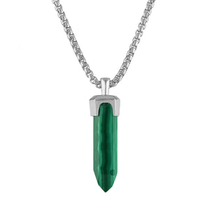 Bulova Men's Icon Green Malachite Obelisk Pendant BVP1020-WSMAL, showcasing the rhodium-plated sterling silver obelisk adorned with genuine green malachite.