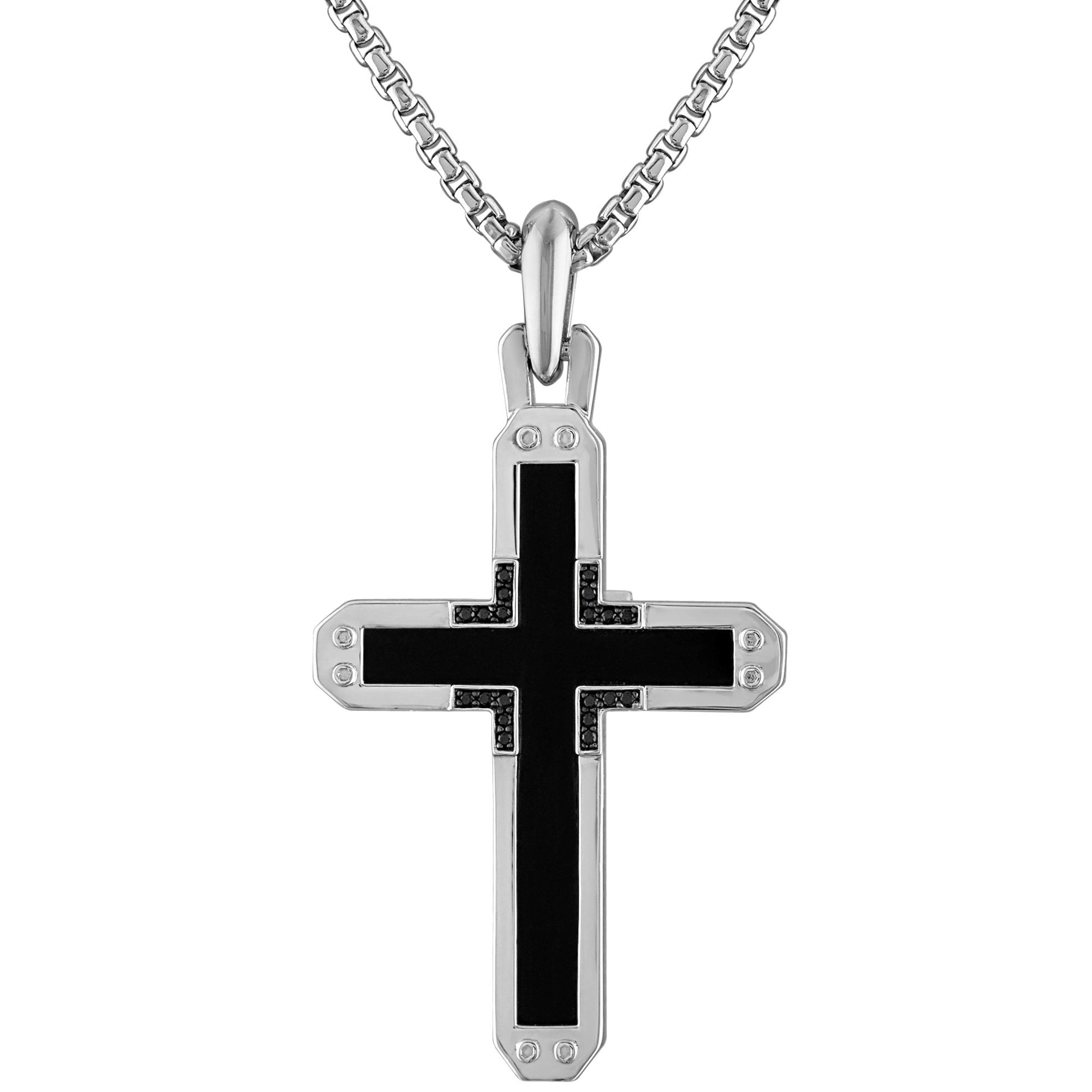 Bulova BVP1078-WSAABA cross pendant necklace — rhodium-plated sterling-silver cross with black onyx center and black-diamond accents.