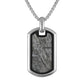 Bulova BVP1114-WLSTNA dog-tag pendant necklace front view showing meteorite inlay encased in polished & black two-tone stainless steel, hanging from box-link chain.