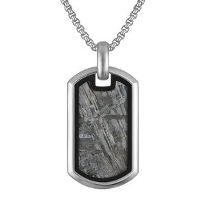 Bulova BVP1114-WLSTNA dog-tag pendant necklace front view showing meteorite inlay encased in polished & black two-tone stainless steel, hanging from box-link chain.