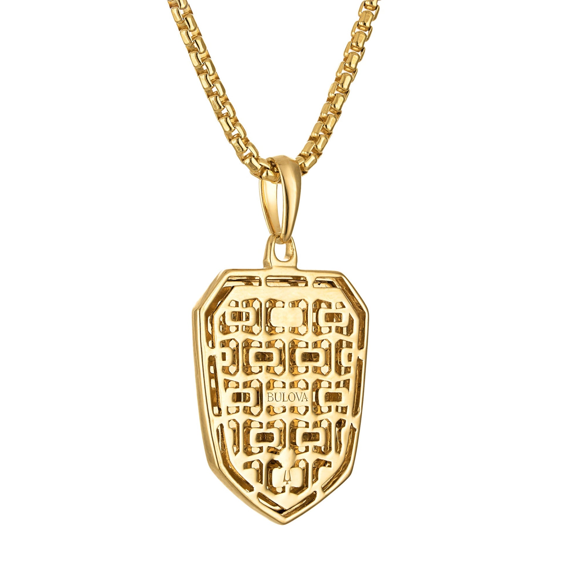 Close-up of the shield pendant on Bulova BVP1123-YSNA — detailing the engraved Guadalupe motif and polished gold finish.