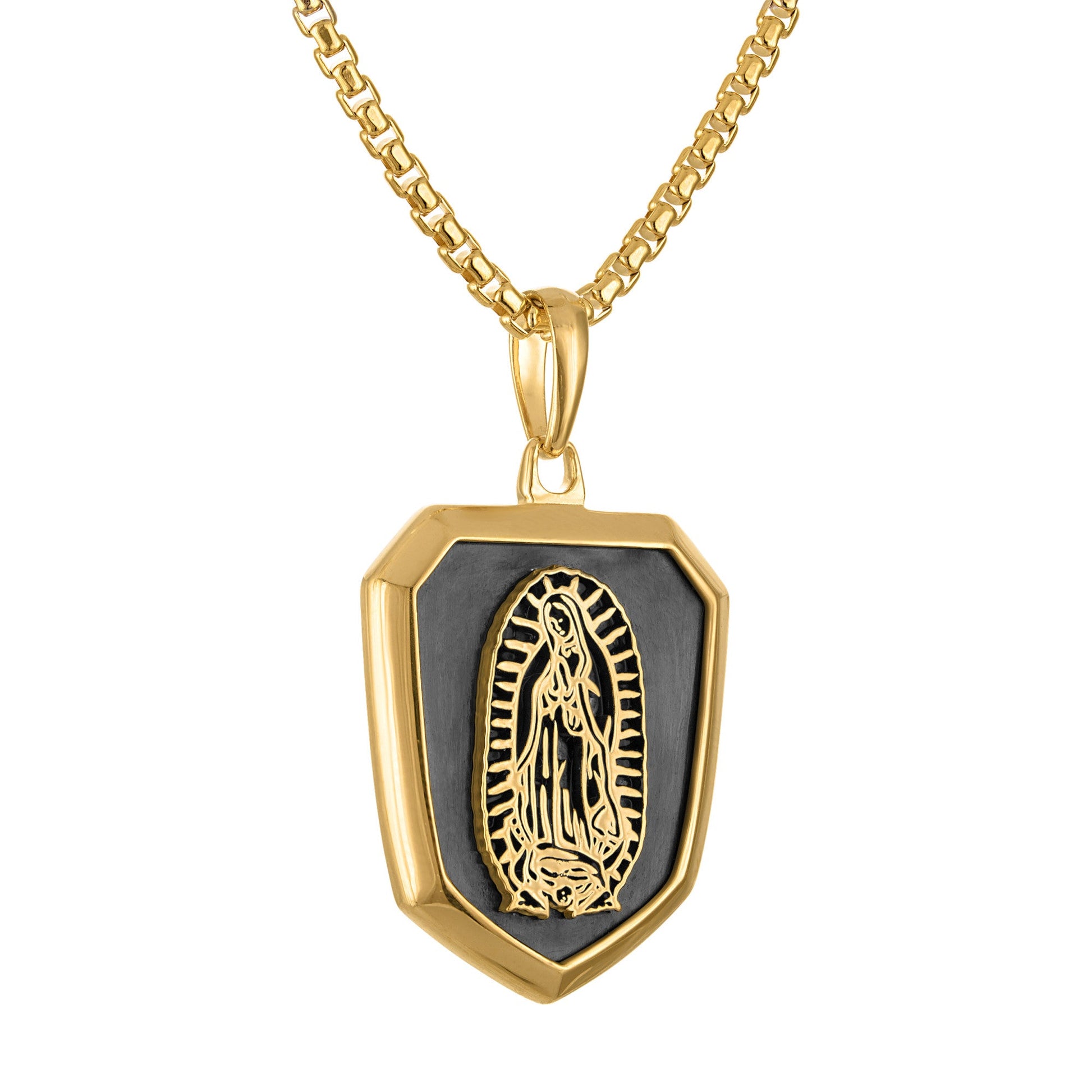 Bulova BVP1123-YSNA pendant front view showing 14 K gold-plated shield with Our Lady of Guadalupe design, on box-link chain.