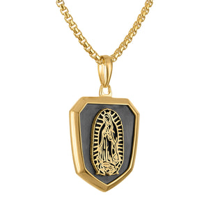 Bulova BVP1123-YSNA pendant front view showing 14 K gold-plated shield with Our Lady of Guadalupe design, on box-link chain.