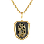 Bulova BVP1123-YSNA pendant front view showing 14 K gold-plated shield with Our Lady of Guadalupe design, on box-link chain.
