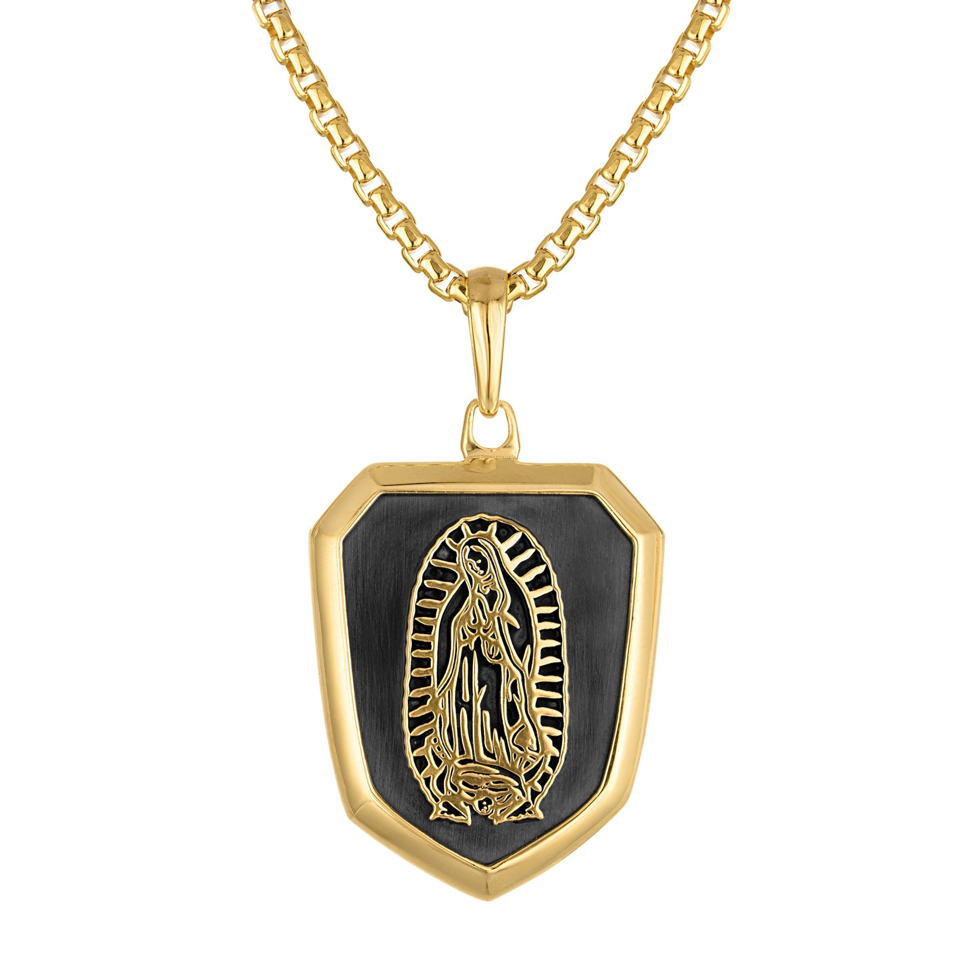 Bulova BVP1123-YSNA pendant front view showing 14 K gold-plated shield with Our Lady of Guadalupe design, on box-link chain.