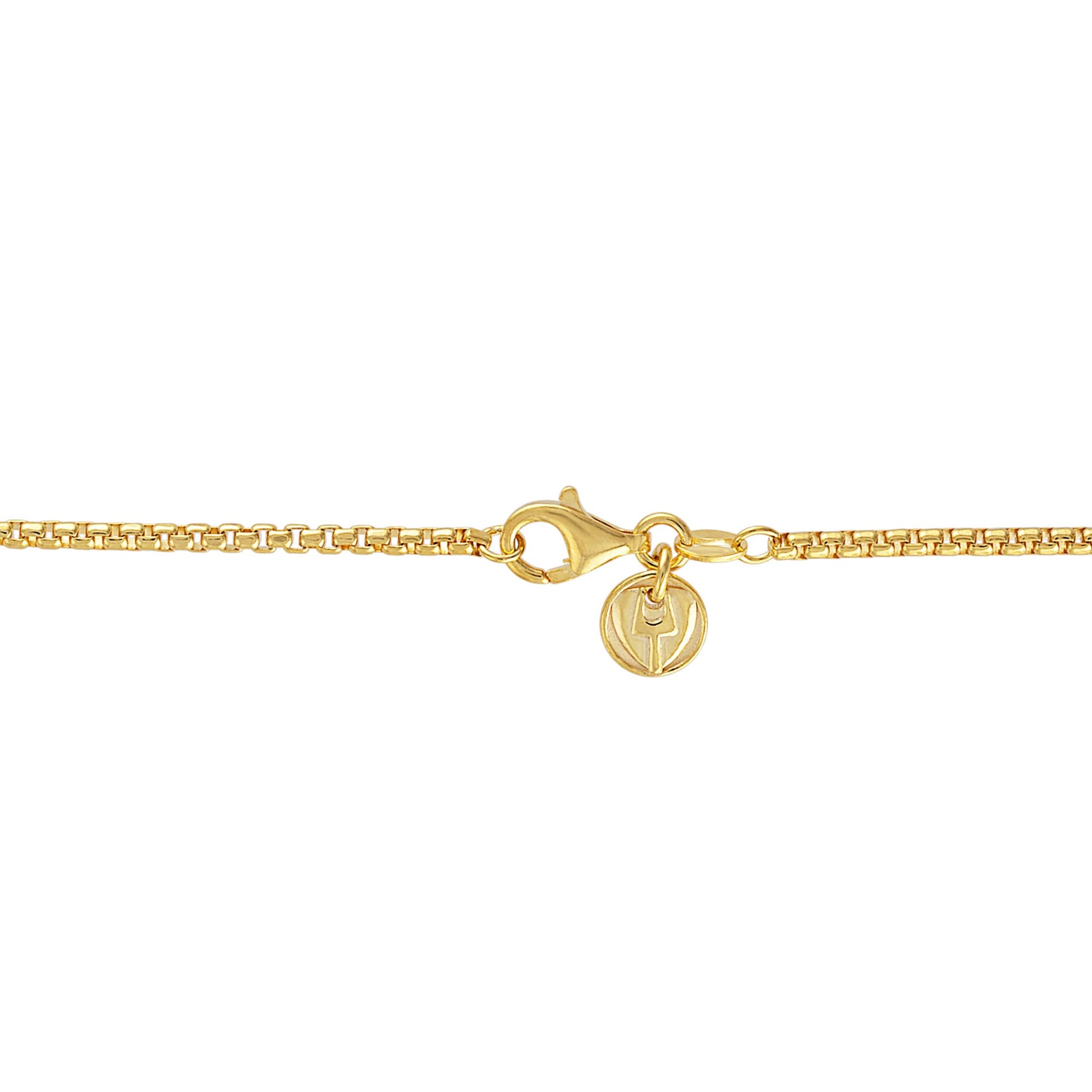 Close-up of the rounded-box-link chain and lobster-clasp extender of BVP1141-YSWTO showing gold-plated finish and adjustable length mechanism.