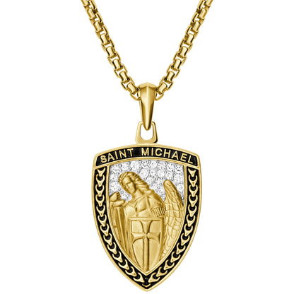 Bulova BVP1141-YSWTO gold-plated shield pendant showing Saint Michael relief with white topaz background, hanging on rounded-box gold chain.