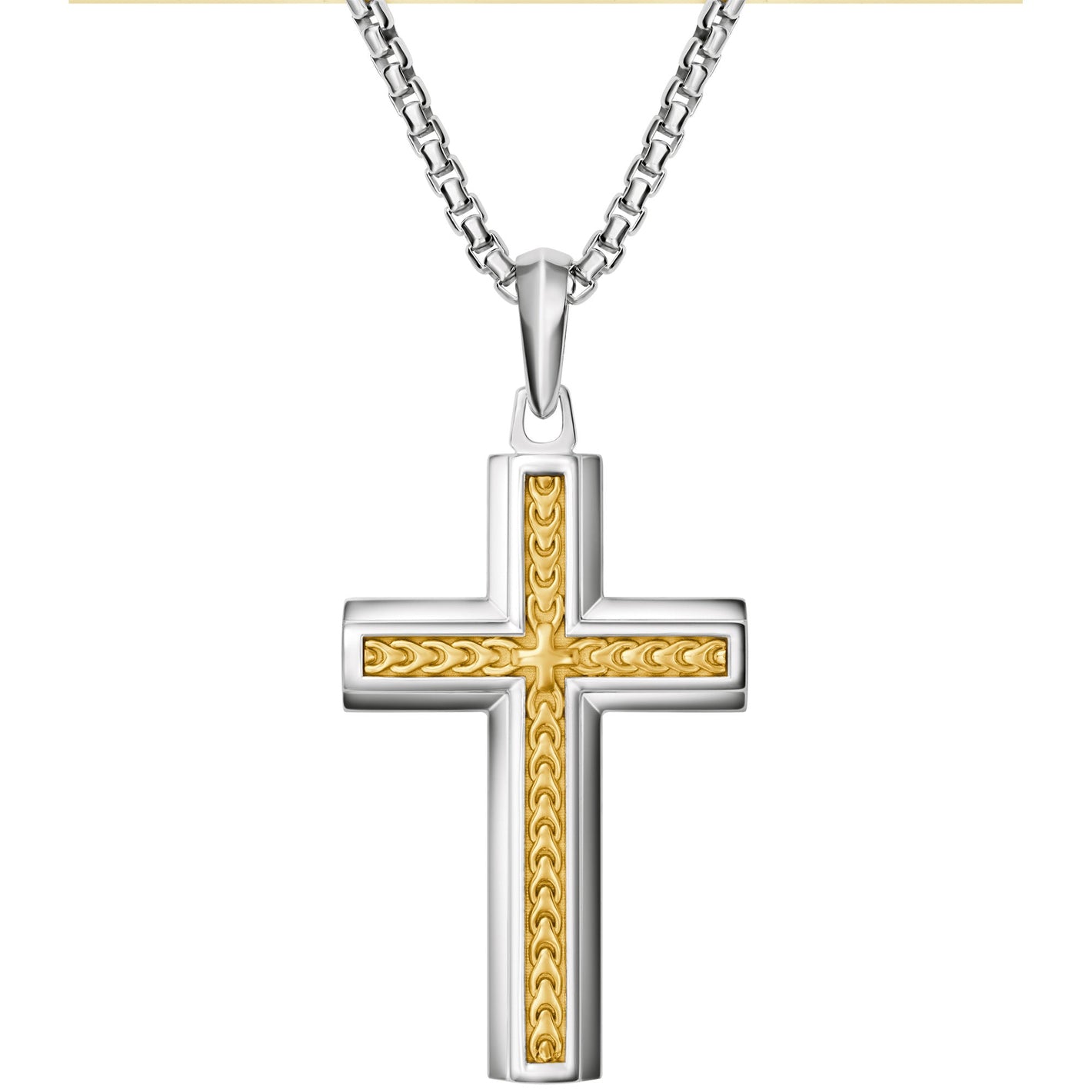 Bulova BVP1156-WYSNA front view showing the cross pendant in sterling silver with 14 K gold-plated tuning-fork motif detailing, hanging from a rounded-box silver chain.