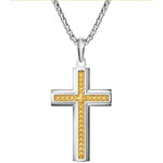 Bulova BVP1156-WYSNA front view showing the cross pendant in sterling silver with 14 K gold-plated tuning-fork motif detailing, hanging from a rounded-box silver chain.