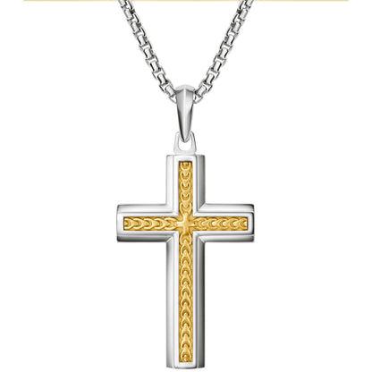 Bulova BVP1156-WYSNA front view showing the cross pendant in sterling silver with 14 K gold-plated tuning-fork motif detailing, hanging from a rounded-box silver chain.