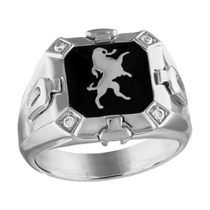  Bulova Men's Crest of Bohemia Ring BVR1007-WSQ7, featuring a rhodium-plated sterling silver band with black enamel inlay and lion emblem, front view.