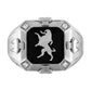 Bulova Men's Crest of Bohemia Ring BVR1007-WSQ7, featuring a rhodium-plated sterling silver band with black enamel inlay and lion emblem, front view.​