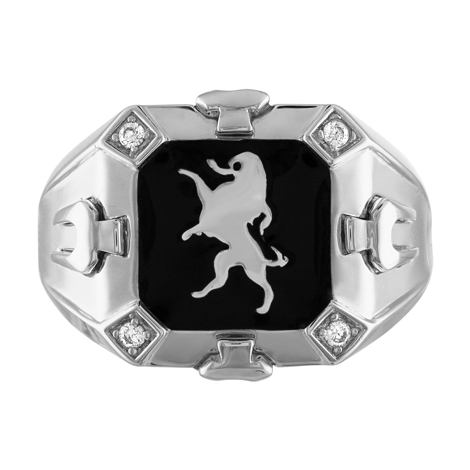 Bulova Men's Crest of Bohemia Ring BVR1007-WSQ7, featuring a rhodium-plated sterling silver band with black enamel inlay and lion emblem, front view.​