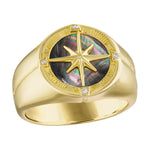 Bulova Marine Star Ring BVR1009, featuring a 14K gold-plated sterling silver band with black mother-of-pearl inlay and four white diamonds, front view.