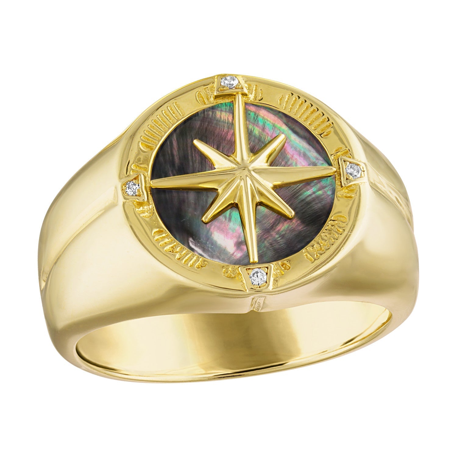 Bulova Marine Star Ring BVR1009, featuring a 14K gold-plated sterling silver band with black mother-of-pearl inlay and four white diamonds, front view.