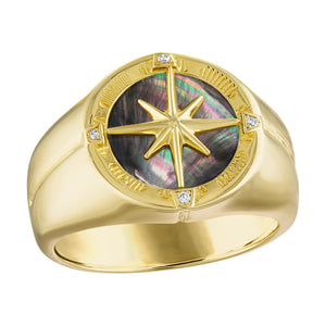 Bulova Marine Star Ring BVR1009, featuring a 14K gold-plated sterling silver band with black mother-of-pearl inlay and four white diamonds, front view.