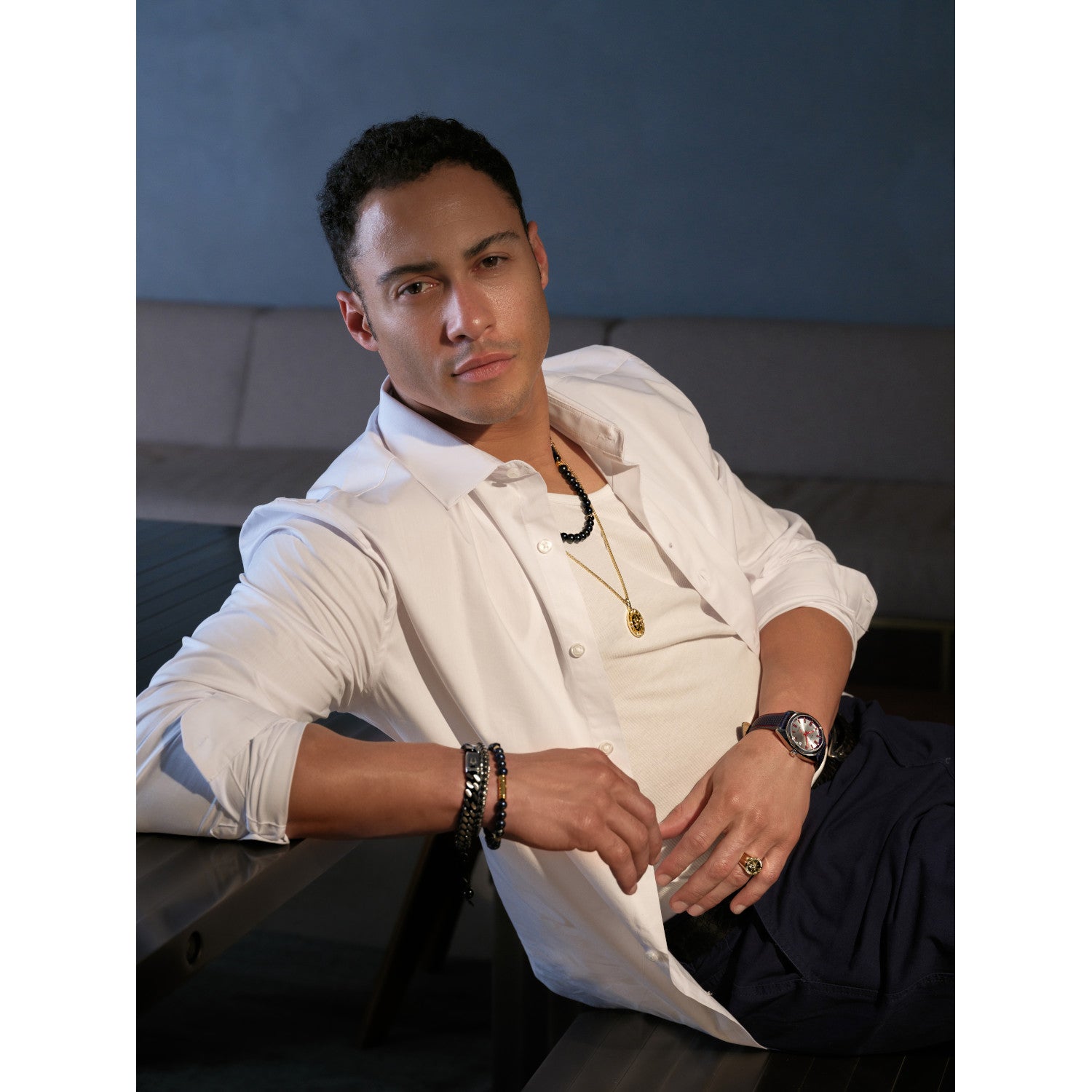 Model wearing the Bulova Marine Star Ring BVR1009, demonstrating its bold and sophisticated presence on the finger