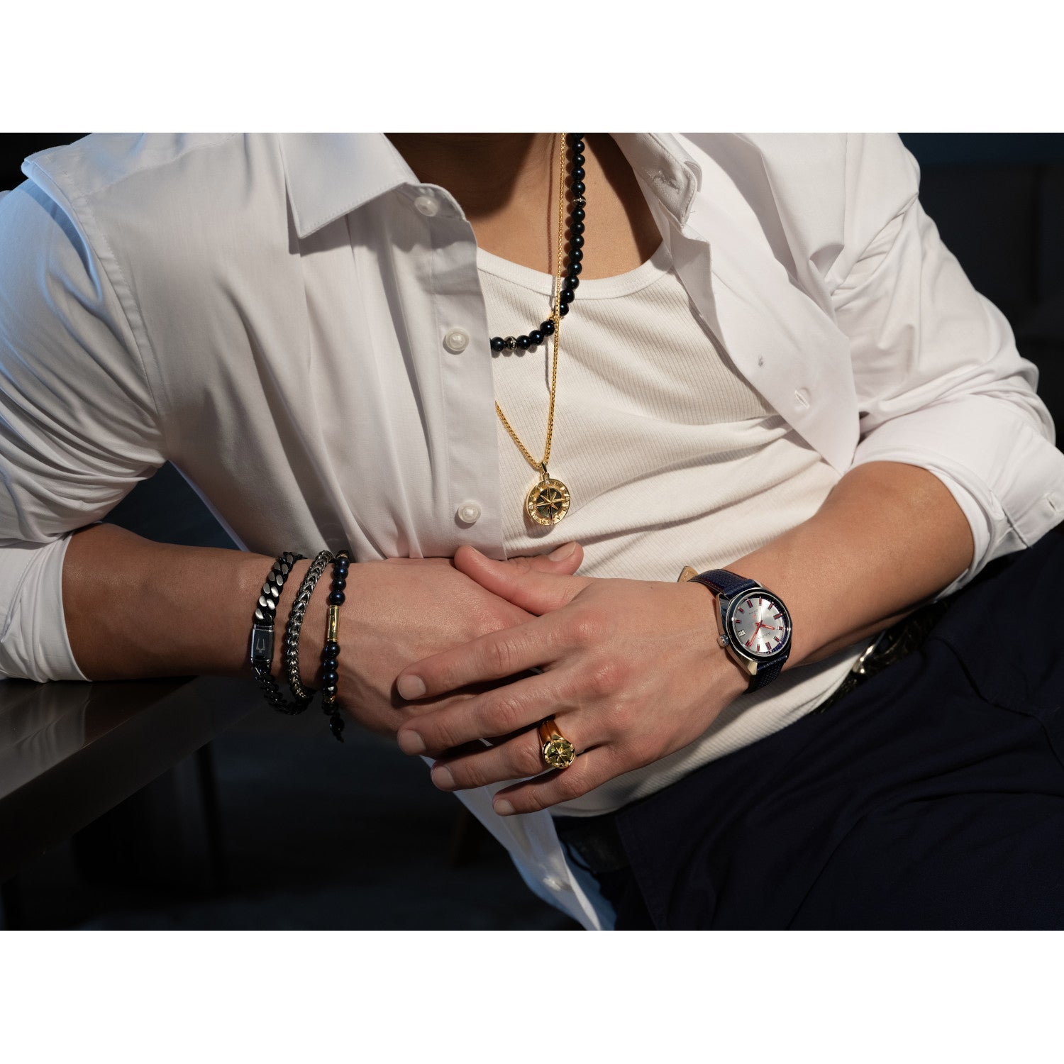 Model wearing the Bulova Marine Star Ring BVR1009, demonstrating its bold and sophisticated presence on the finger