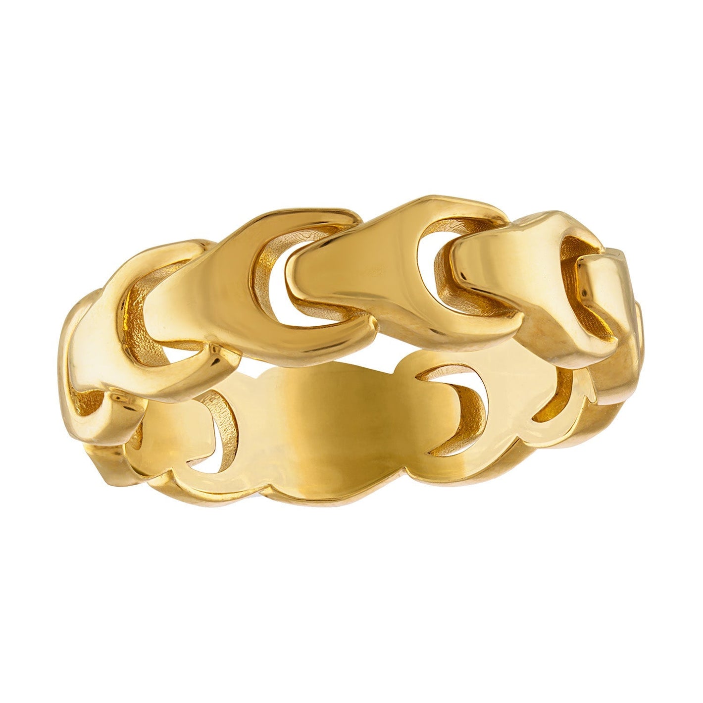  Bulova Men's Signature Link Ring BVR1015-YSNAA, showcasing the 6.5mm 14K gold-plated sterling silver band with continuous tuning fork design.