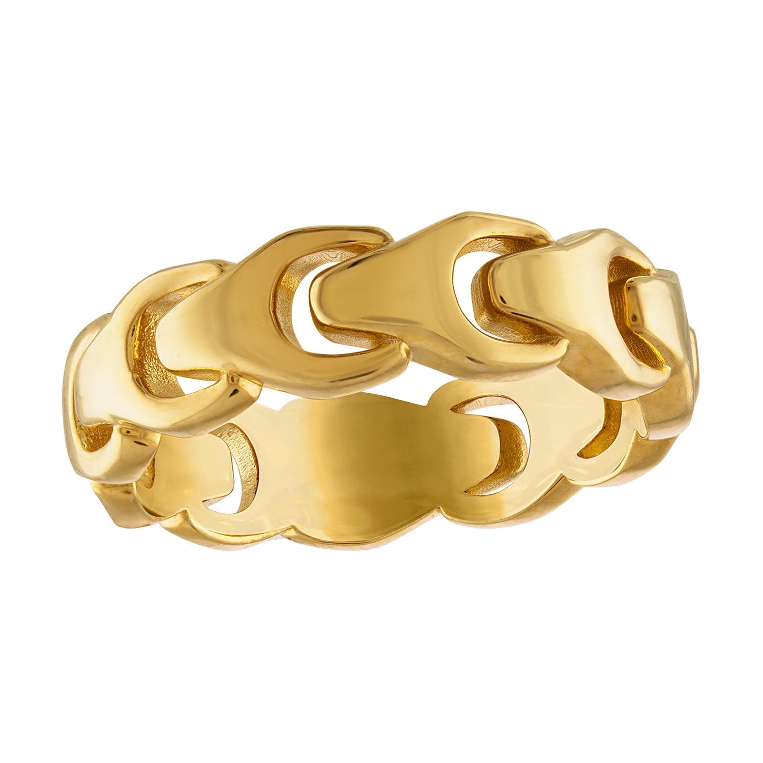  Bulova Men's Signature Link Ring BVR1015-YSNAA, showcasing the 6.5mm 14K gold-plated sterling silver band with continuous tuning fork design.
