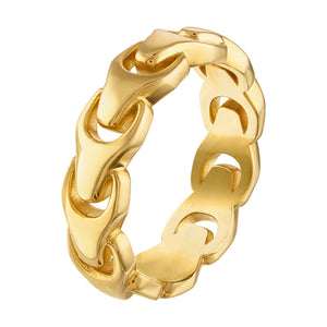 Side profile of the Bulova Signature Link Ring BVR1015-YSNAA, highlighting the polished gold-plated finish and intricate tuning fork motif.