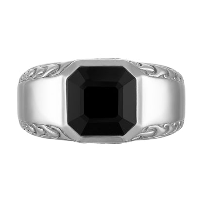 Bulova BVR1032-WSOX ring – front view showing polished sterling-silver band and faceted black onyx center stone.