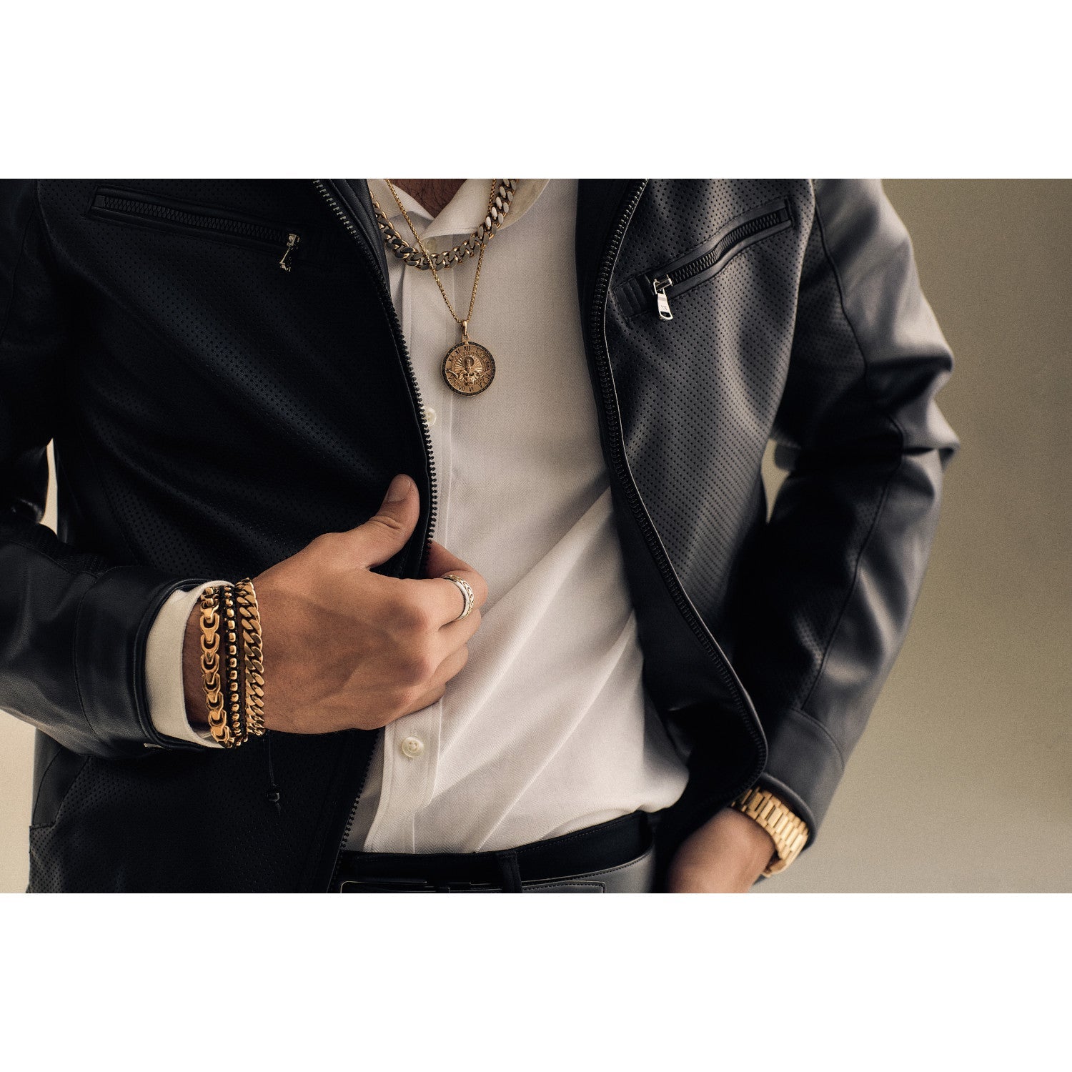 Model wearing the Bulova Classic Curb Chain Bracelet BVB1084-GOSTNA, demonstrating its bold and stylish presence on the wrist.