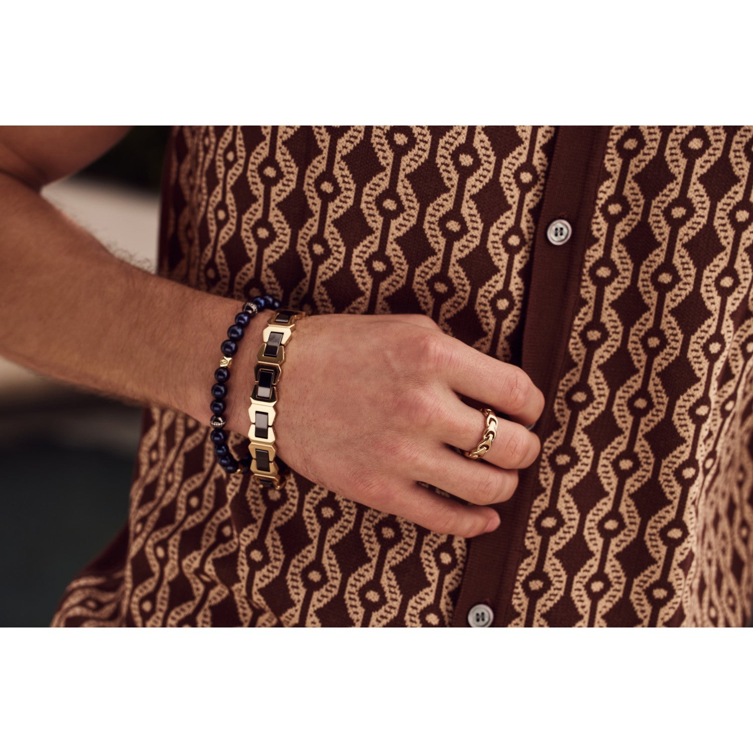  Model wearing the Bulova BVB1056-GSTNA bracelet, demonstrating its elegant presence and comfortable fit on the wrist.