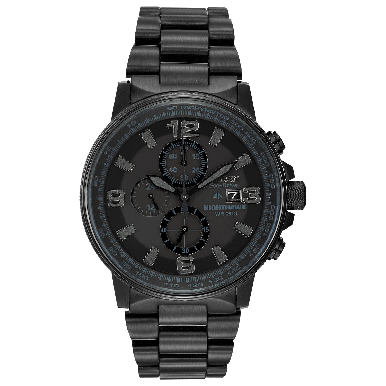 Citizen CA0295-58E men's black ion-plated stainless steel watch featuring a black dial with luminous hands and markers, tachymeter bezel, and chronograph sub-dials—front view