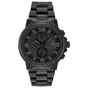 Citizen CA0295-58E men's black ion-plated stainless steel watch featuring a black dial with luminous hands and markers, tachymeter bezel, and chronograph sub-dials—front view