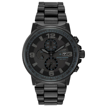 Citizen CA0295-58E men's black ion-plated stainless steel watch featuring a black dial with luminous hands and markers, tachymeter bezel, and chronograph sub-dials—front view