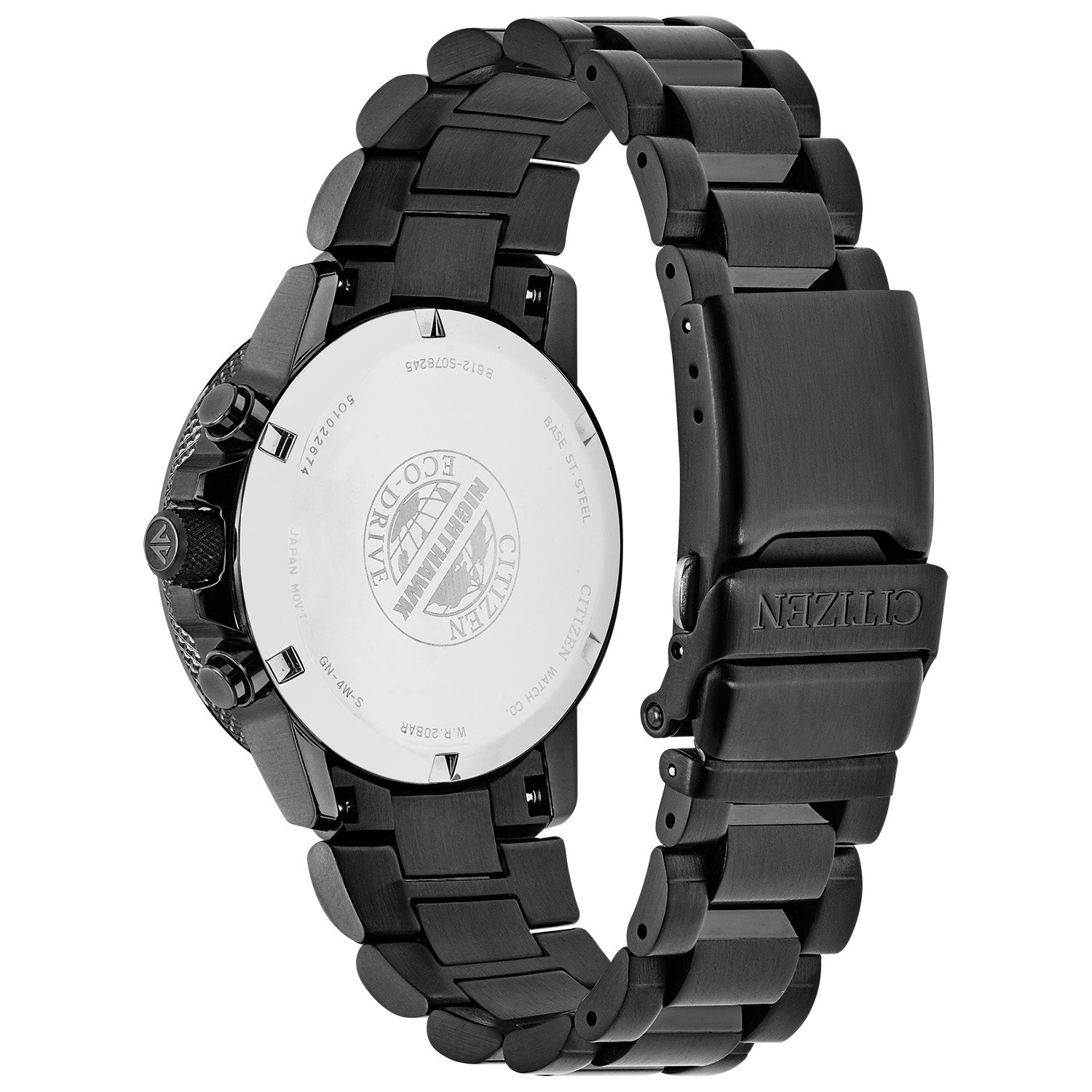 Rear view of the Citizen CA0295-58E highlighting the stainless steel screw-back case and bracelet clasp.