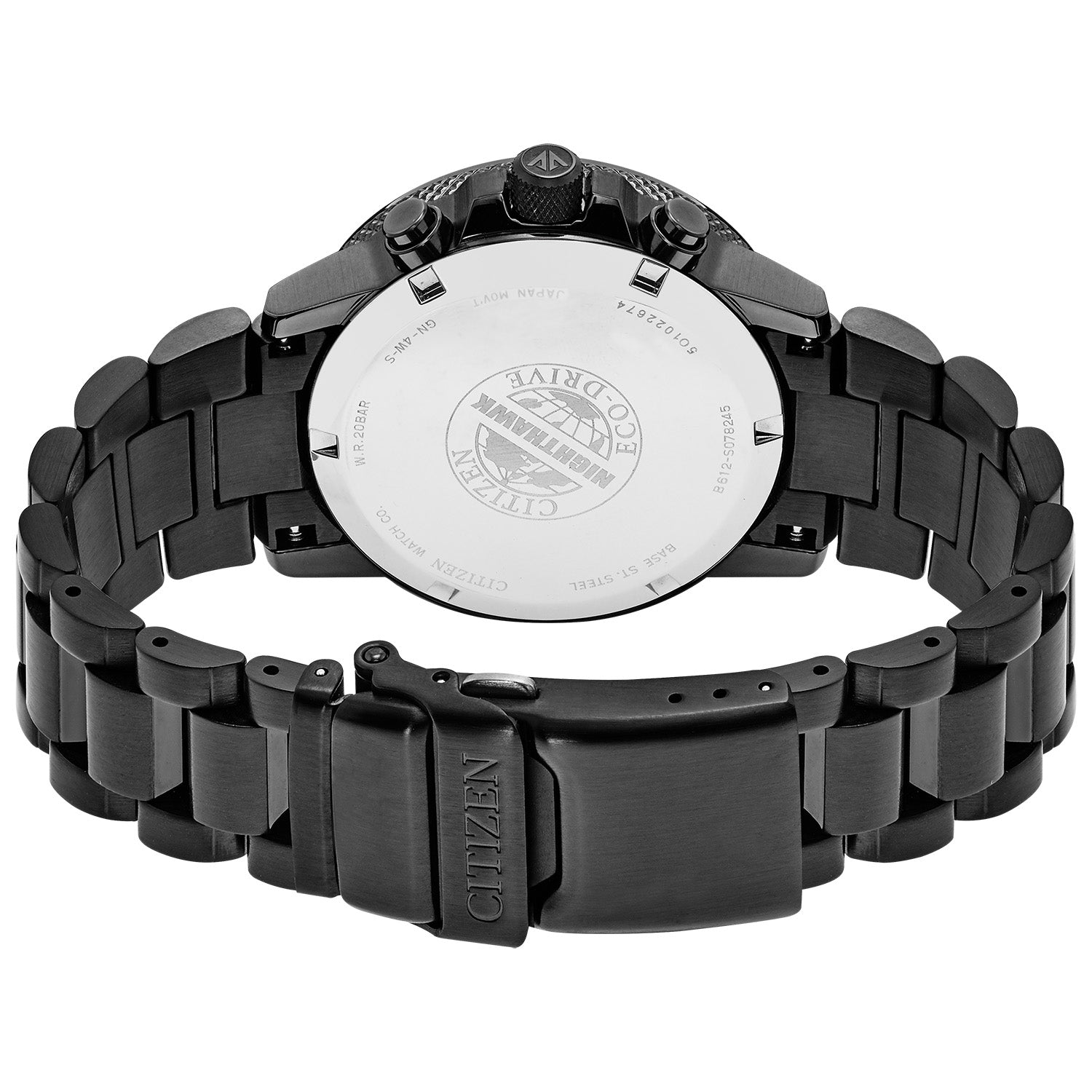 Rear view of the Citizen CA0295-58E highlighting the stainless steel screw-back case and bracelet clasp.